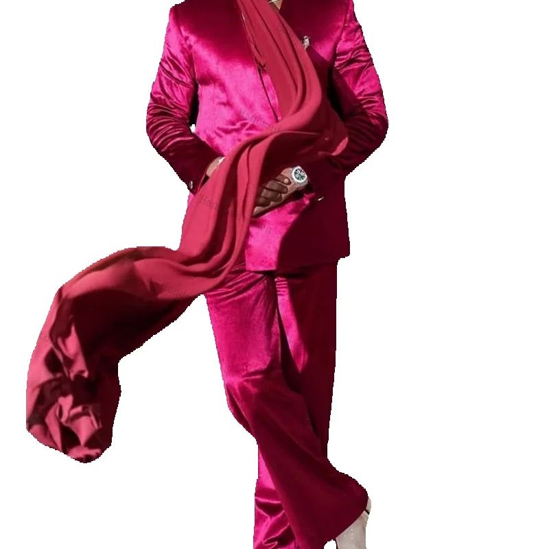Men Formal Wear With Scarf - Setelan Jas Pria Satin Pink 2