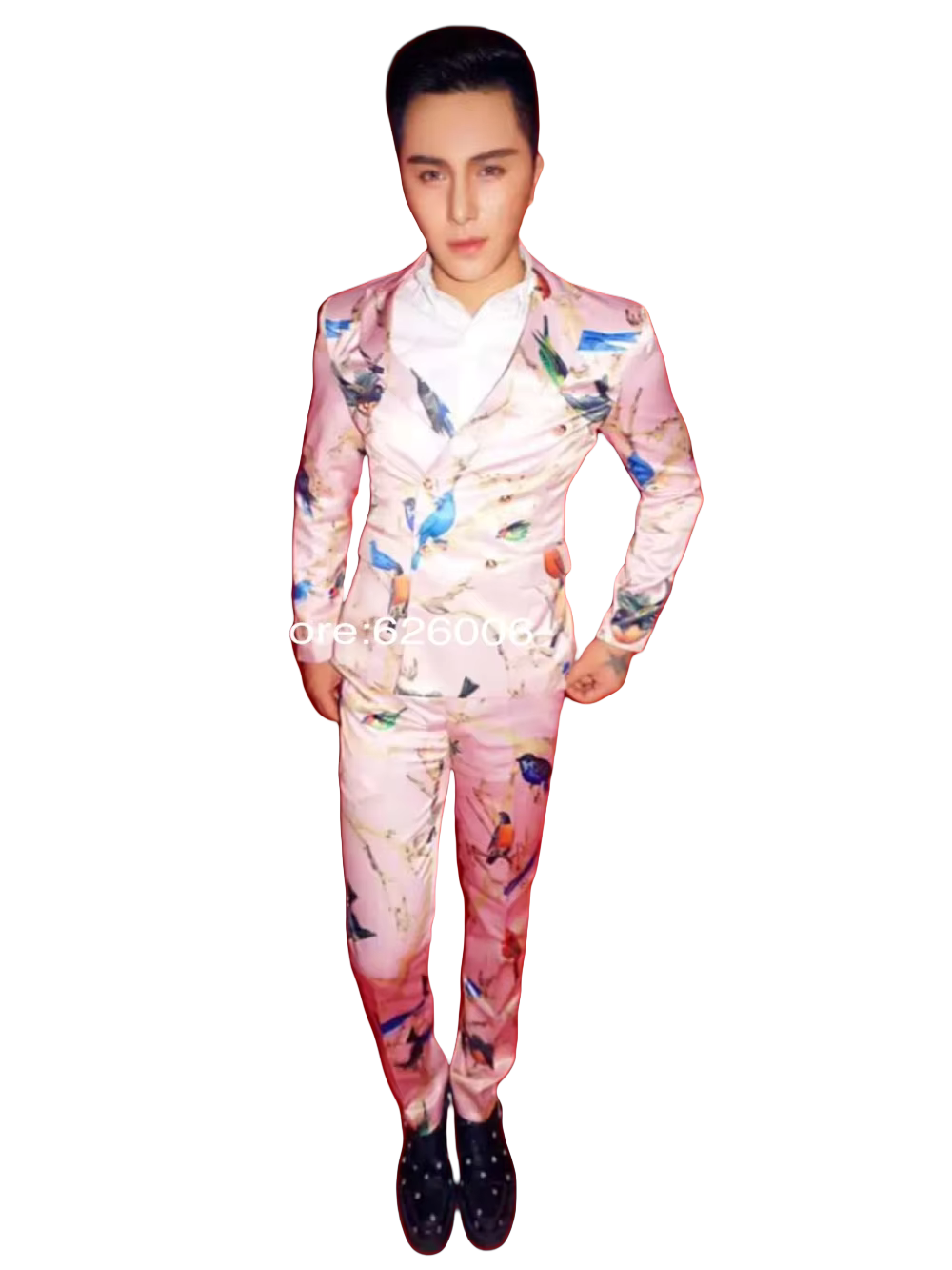 Men Formal Party Wear Dress - Kostum Setelan Motif Burung Merah Muda