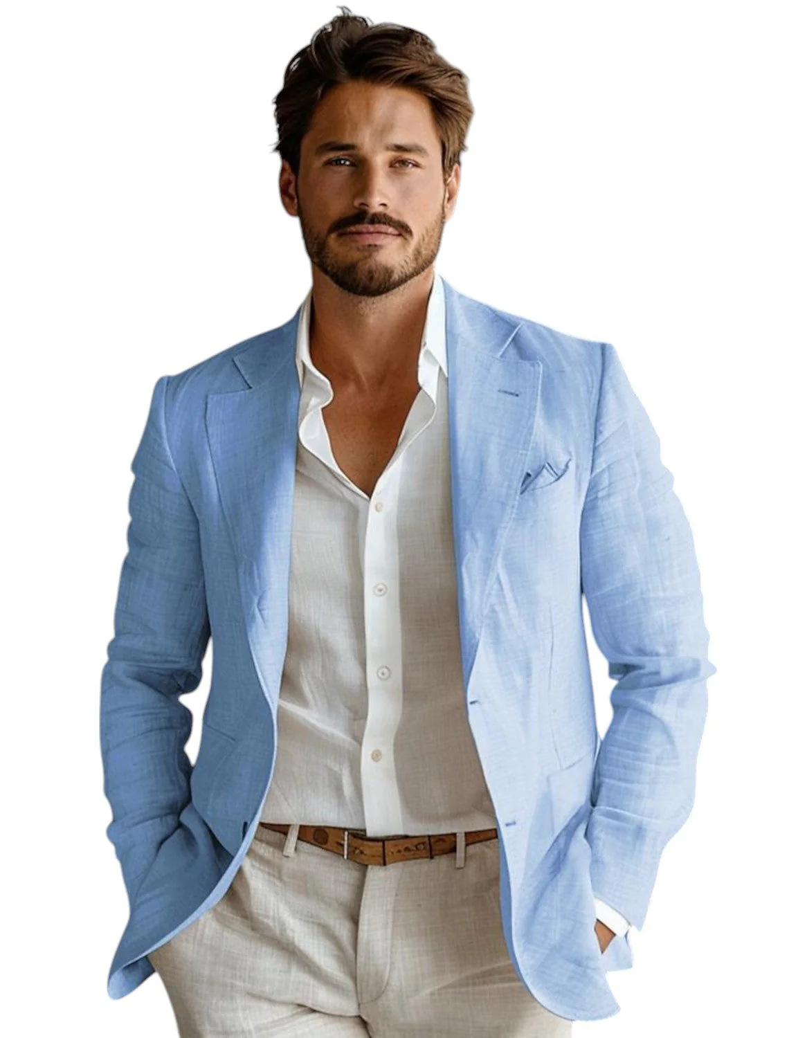 Men Formal Wear Summer - Blazer Linen Pria Slim Fit Biru,