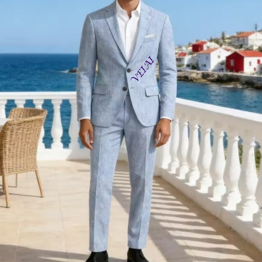 Setelan Jas 2PCS Linen Biru La - Men'S Formal Wear For A Wedding ulasan dan harga