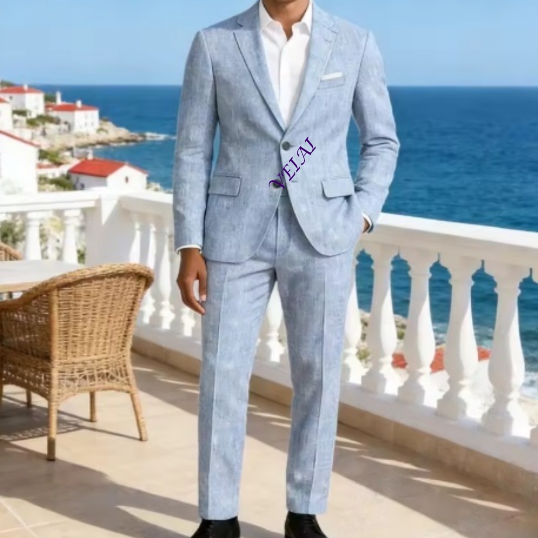 Setelan Jas 2PCS Linen Biru La - Men'S Formal Wear For A Wedding ulasan dan harga